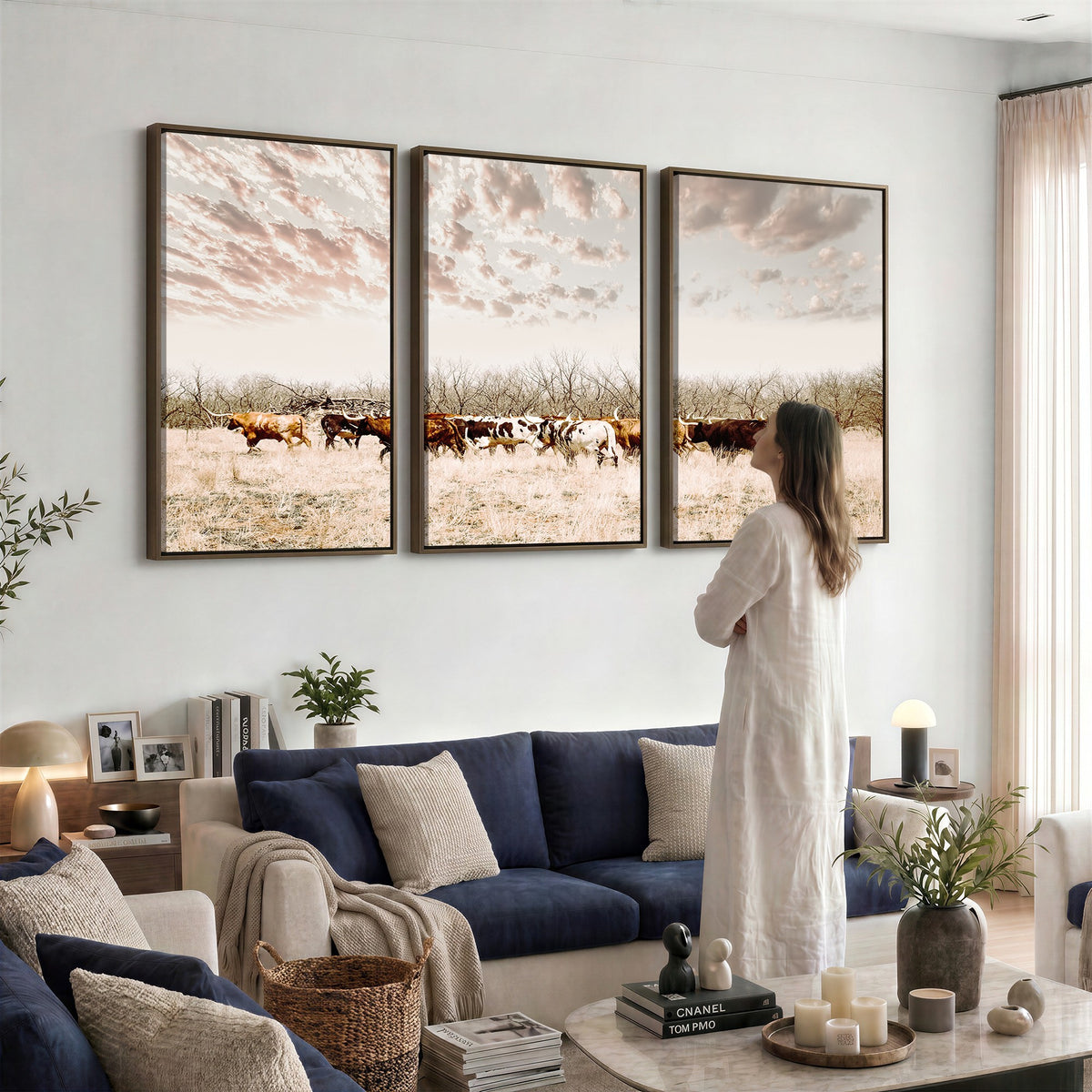 64892775-MGV-CV-24X16 - Longhorn Cattle Wall Art Canvas Print, Framed Texas Ranch Art, Western Cow Print, Prairie Landscape Decor