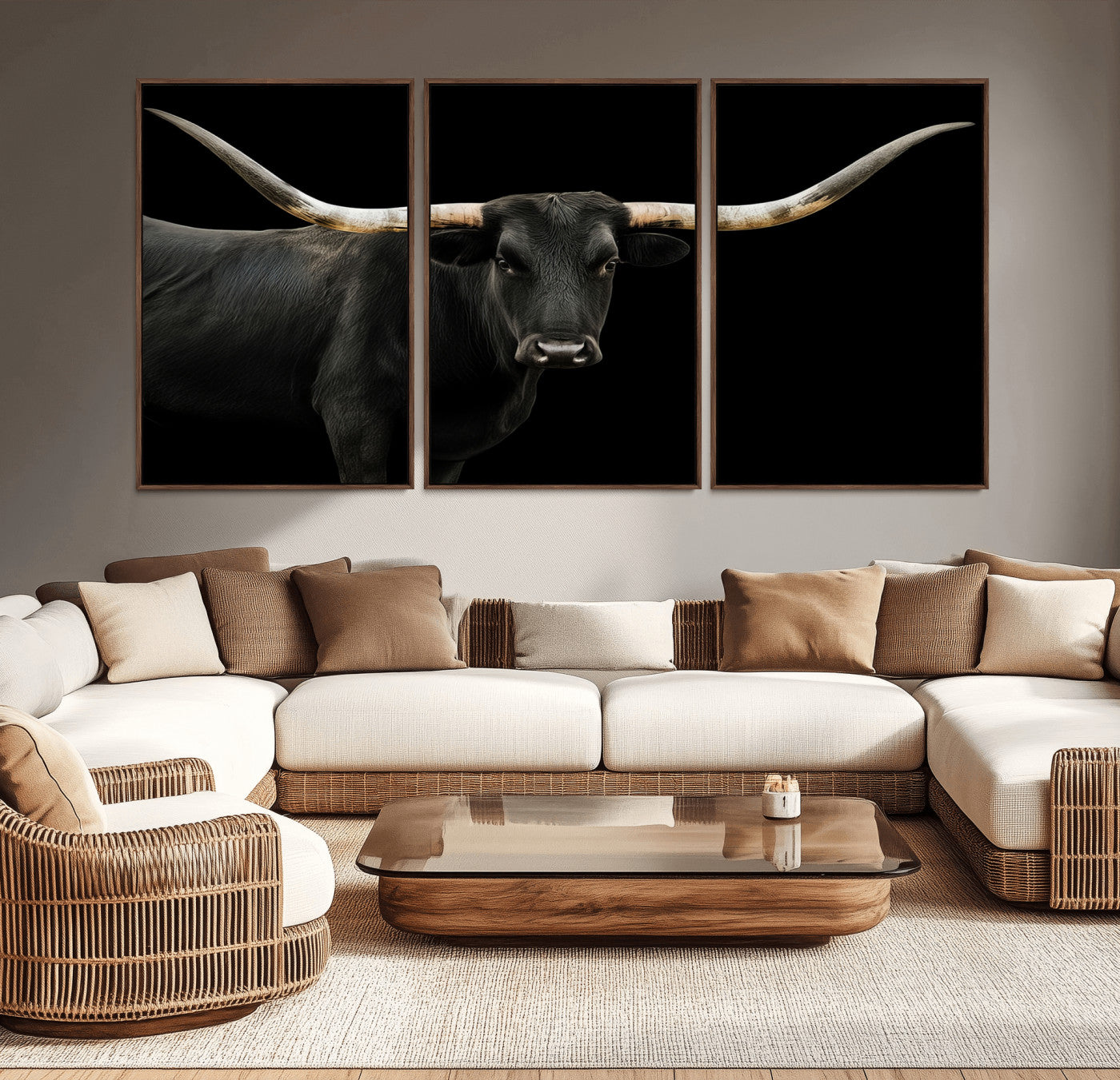 MGV-FC-60X30-3P - Longhorn Cattle Wall Art Canvas Print, Framed Texas Ranch Art Picture Print, Western Cow Perfect Farmhouse Decor Artwork