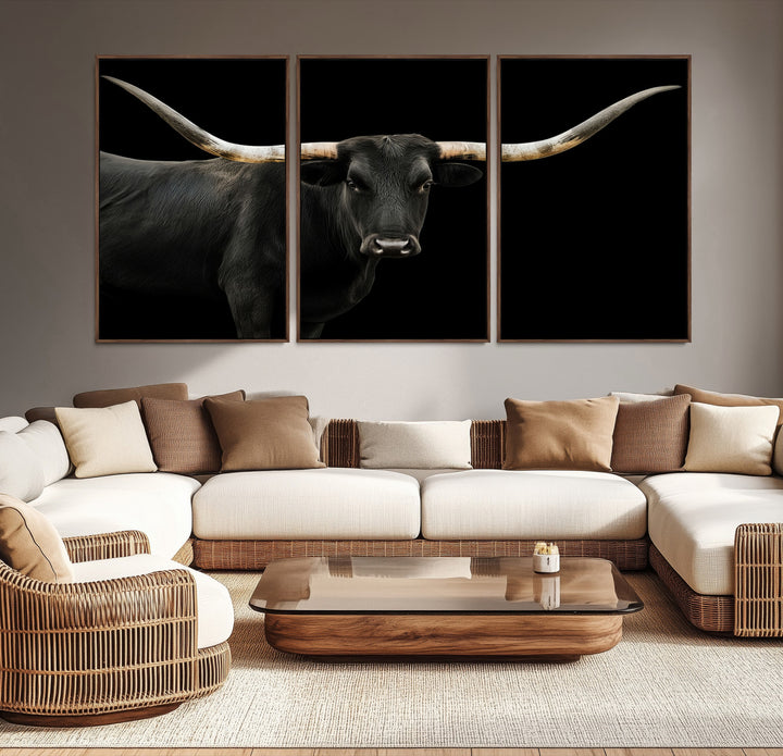 Black White Longhorn Bull Wall Art Canvas Print, Texas Ranch Print, Framed Western Cow Art Print for Farmhouse Decor - Longhorn Print