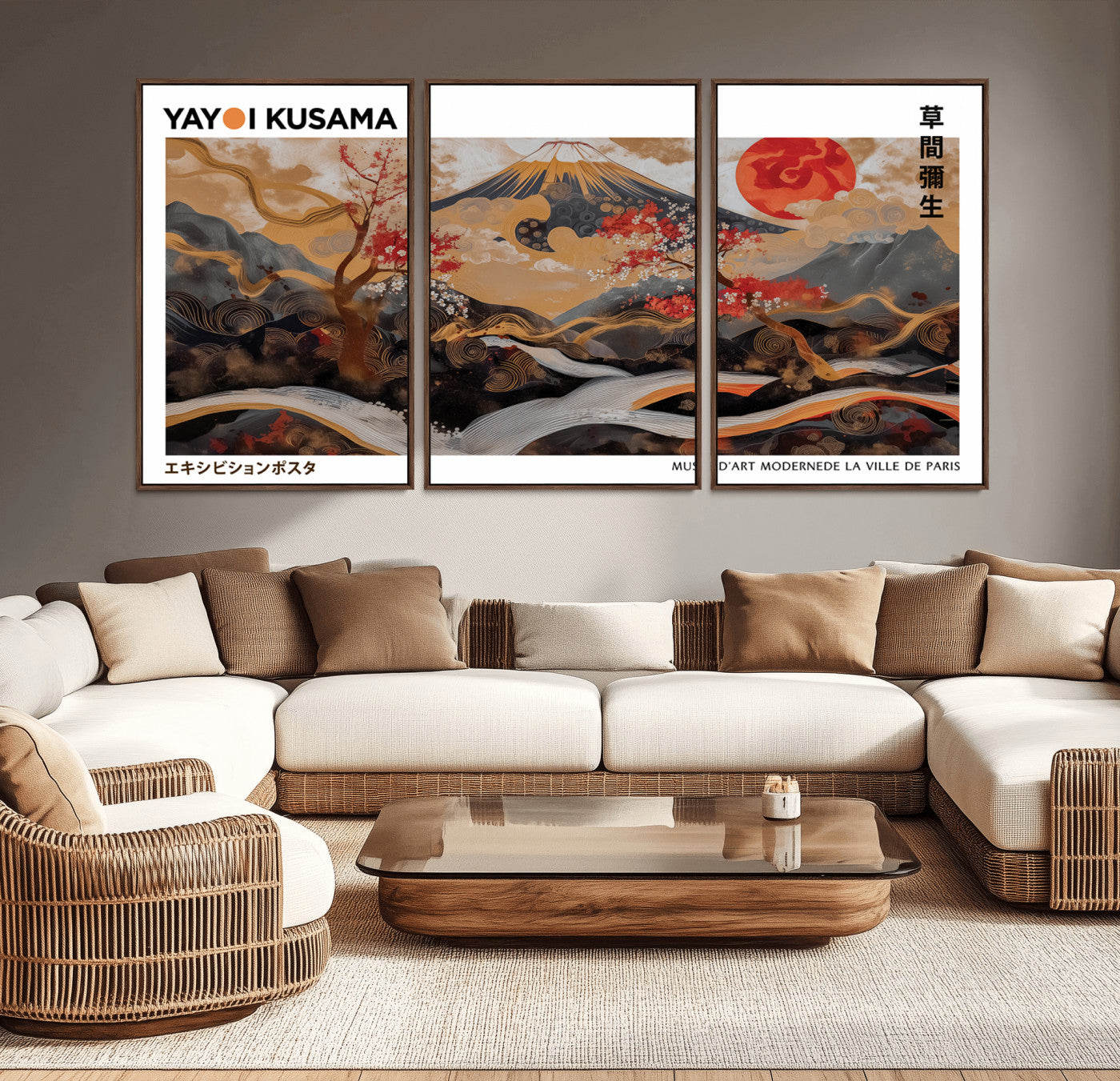 MGV-FC-60X30-3P - Modern Japanese Wall Art Print Yayoi Kusama Canvas Wall Art Abstract Mount Fuji Canvas Print