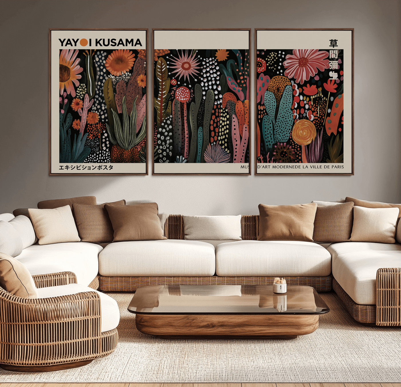 MGV-FC-60X30-3P - Modern Japanese Wall Art Print Yayoi Kusama Canvas Wall Art Abstract Mount Fuji Canvas Print