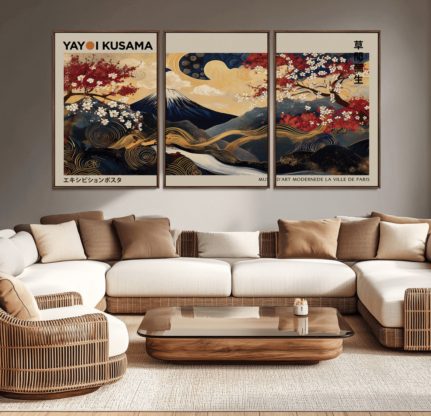 MGV-FC-60X30-3P - Modern Japanese Wall Art, Yayoi Kusama Japanese Print Wall Art, Abstract Mount Fuji Canvas Print,