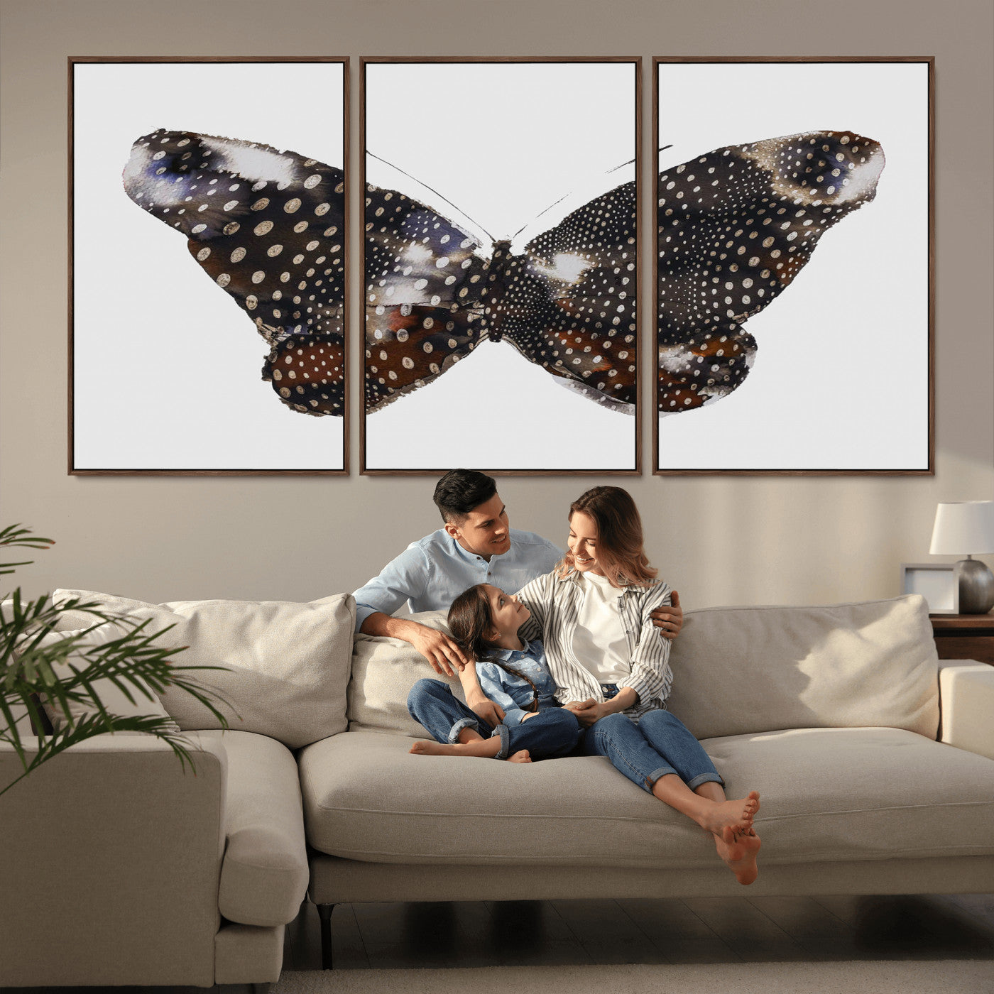 MGV-FC-60X30-3P - Spotted Butterfly Wall Art Canvas Print, Framed Neutral Insect Theme Art Picture Print, Earthy Wing Pattern Perfect Modern Rustic Decor Artwork