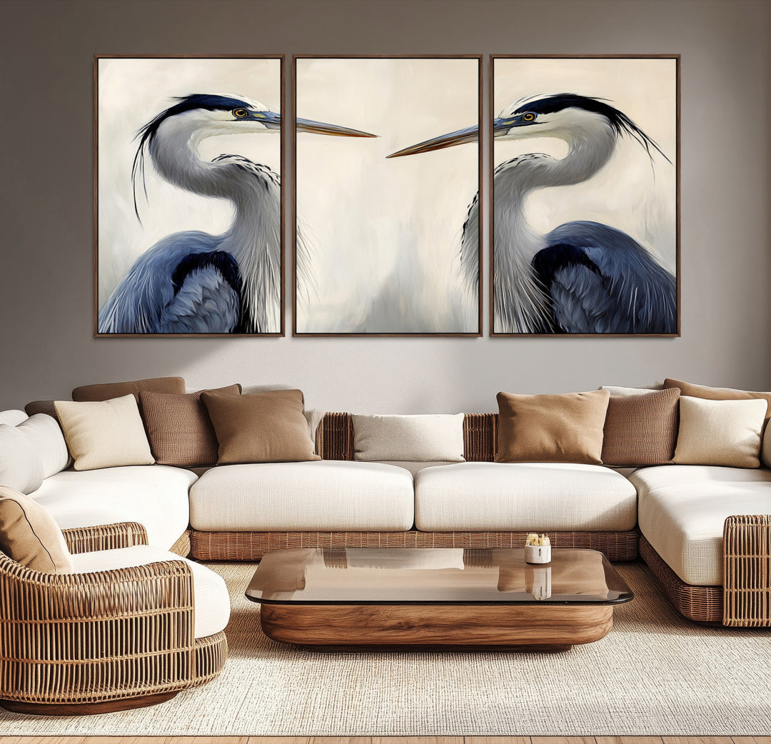 Blue Heron Pair Wall Art Canvas Print, Coastal Bird Theme Print, Framed Tranquil Wildlife Scene Art Print, Large Nature Inspired Decor Printing