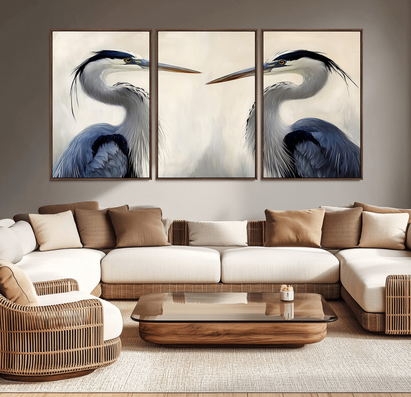 MGV-FC-60X30-3P - Blue Heron Pair Wall Art Canvas Print, Framed Coastal Bird Theme Art Picture Print, Tranquil Wildlife Scene Perfect Coastal Minimalist Decor Artwork