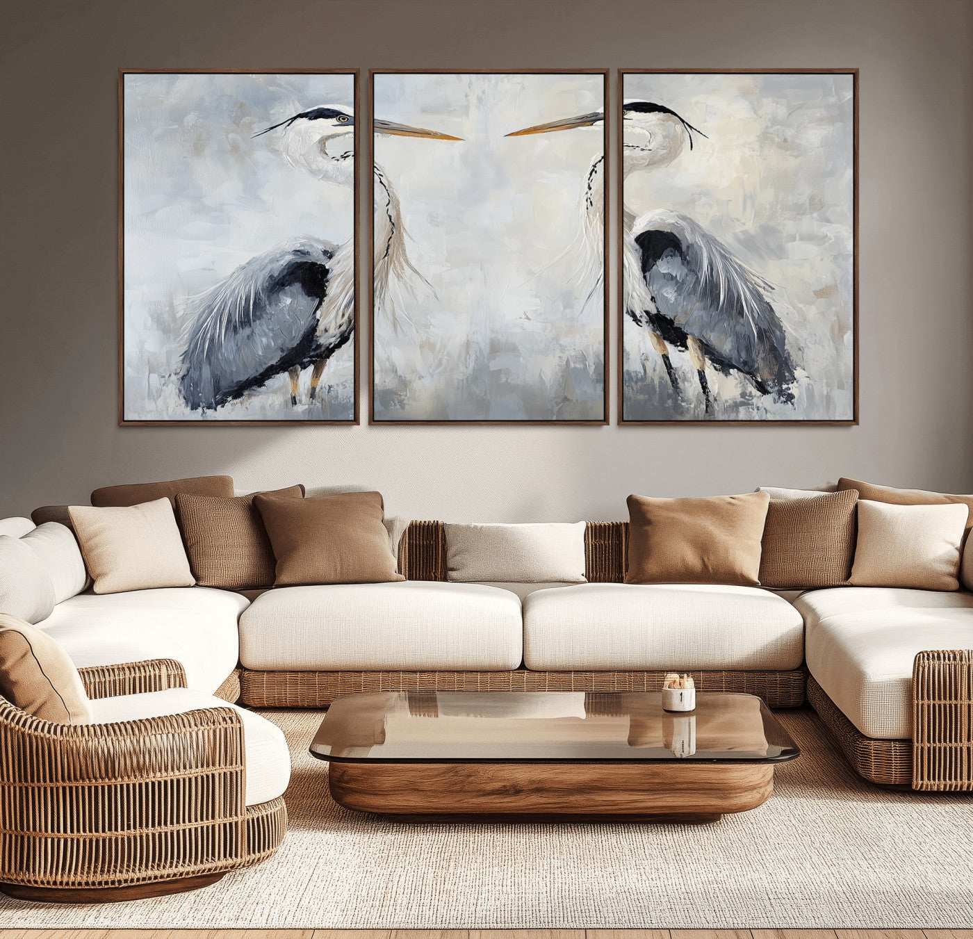 MGV-FC-60X30-3P - Heron Wall Art Wall Art Canvas Print, Framed Bird Canvas Decor Art Picture Print, Nature Inspired Perfect Coastal Minimalist Decor Artwork