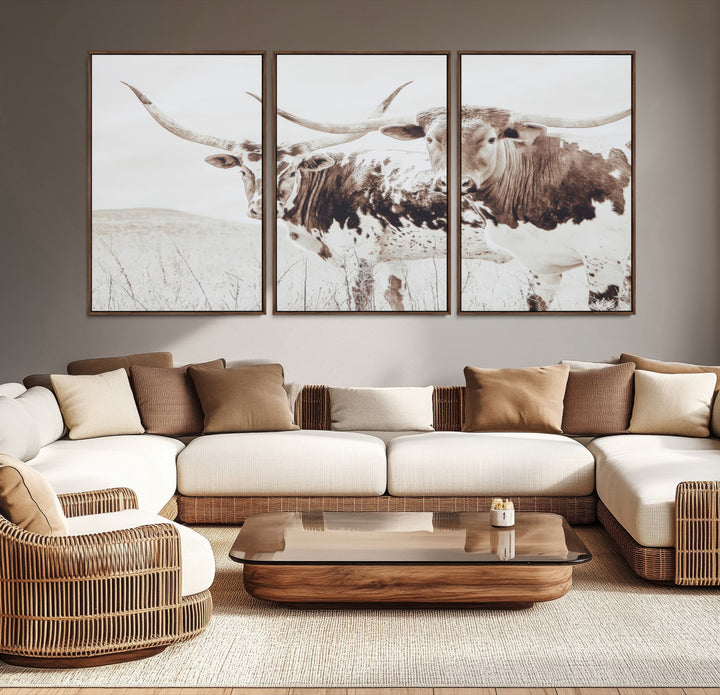Longhorn Wall Art Wall Art Canvas Print, Western Cow Canvas Print, Framed Rustic Farm Decor Art Print, Large Neutral Animal Scene Printing