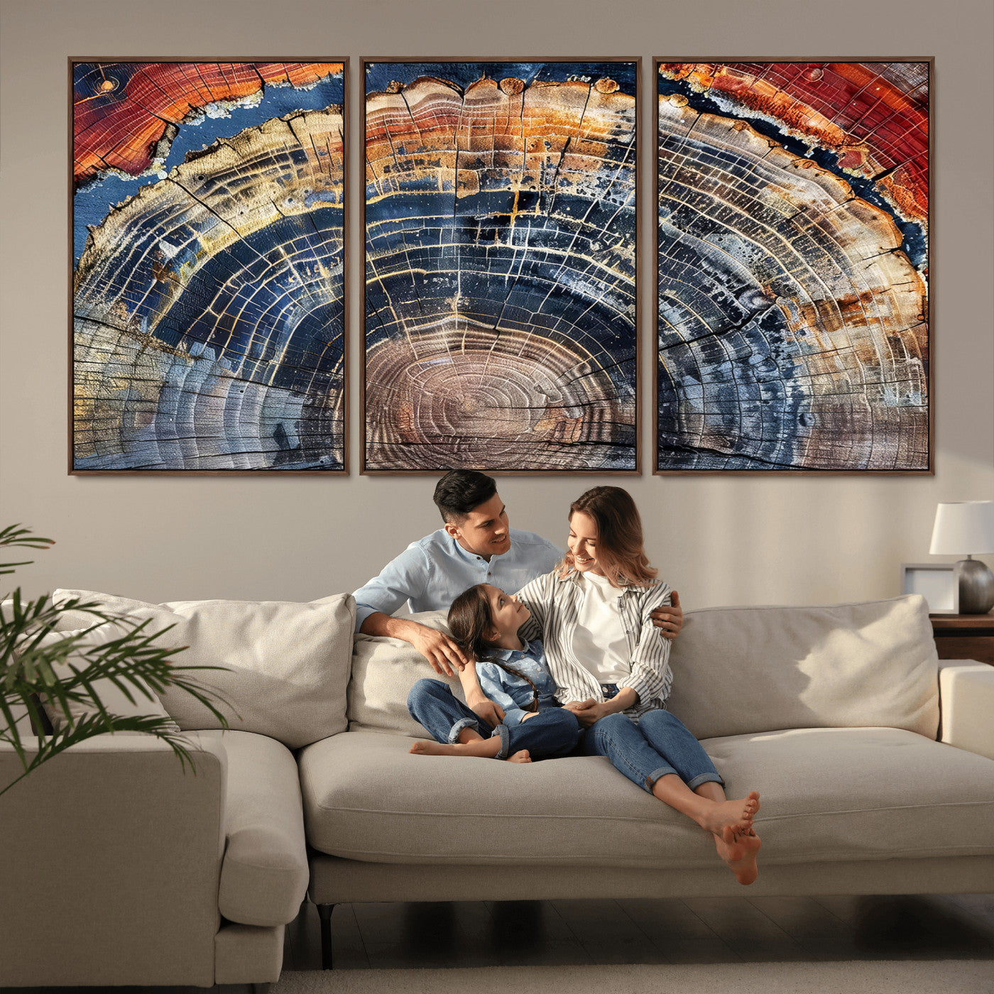 60292921-MGV-FC-60X30-3P - Vintage Tree Rings Wall Art Canvas Print – Framed Wood Art Picture Petrified Wood Artwork for Home, Office, Living Room