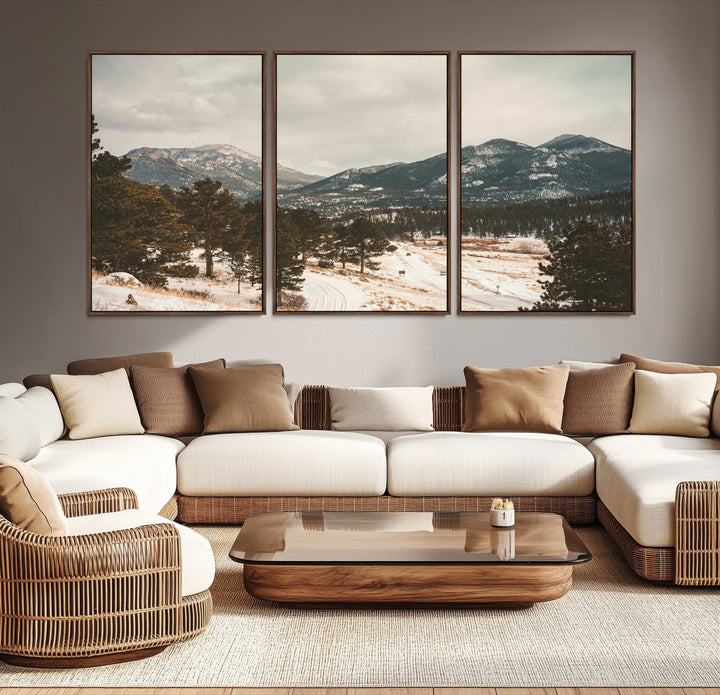 Mountain Landscape Wall Art Canvas Print, Framed Snowy Peaks Art Picture Print, Alpine Aesthetic Perfect Rustic Winter Decor Artwork