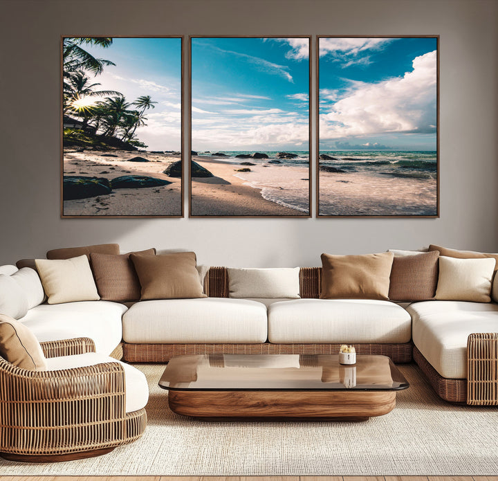 Tropical Beach Wall Art Canvas Print, Framed Ocean Waves Art Picture Print, Relaxing Seascape Perfect Tropical Coastal Decor Artwork