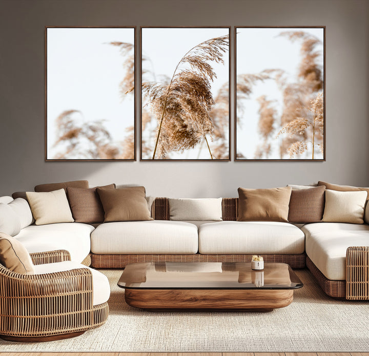 Pampas Grass Wall Art Canvas Print, Framed Neutral Tones Art Picture Print, Minimalist Nature Perfect Boho Decor Artwork