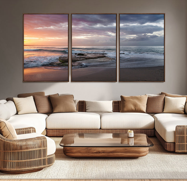 Golden Hour Wall Art Canvas Print, Framed Tranquil Waves Art Picture Print, Beach Perfect Coastal Serenity Decor Artwork