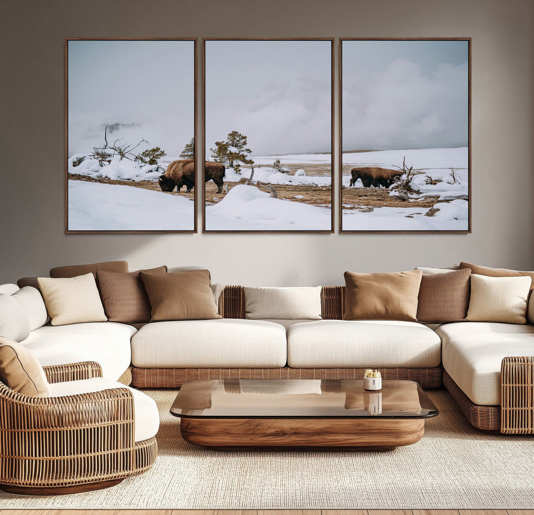 Bison Wildlife Wall Art Canvas Print, Framed Snowy Prairie Art Picture Print, Western Perfect Rustic Decor Artwork