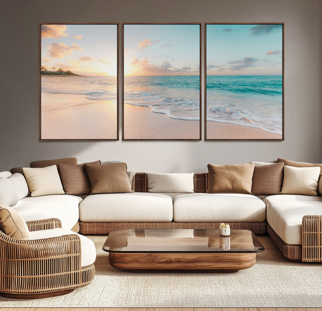 Beach Sunset Wall Art Canvas Print, Framed Ocean Waves Art Picture Print, Summer Escape Perfect Coastal Decor Artwork