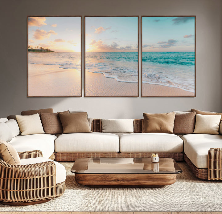 Beach Sunset Wall Art Canvas Print, Framed Ocean Waves Art Picture Print, Summer Escape Perfect Coastal Decor Artwork