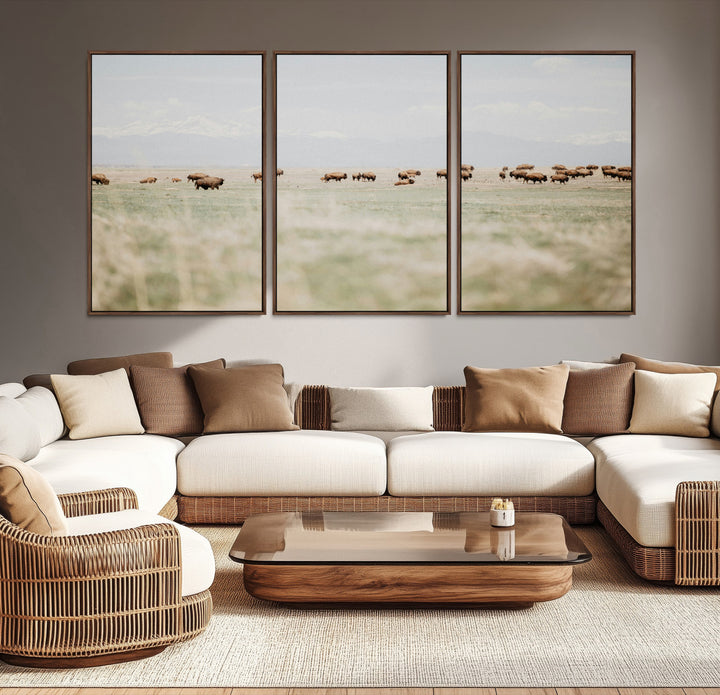 Bison Herd Wall Art Canvas Print, Framed Western Art Picture Print, Bison Perfect Ranch Decor Artwork
