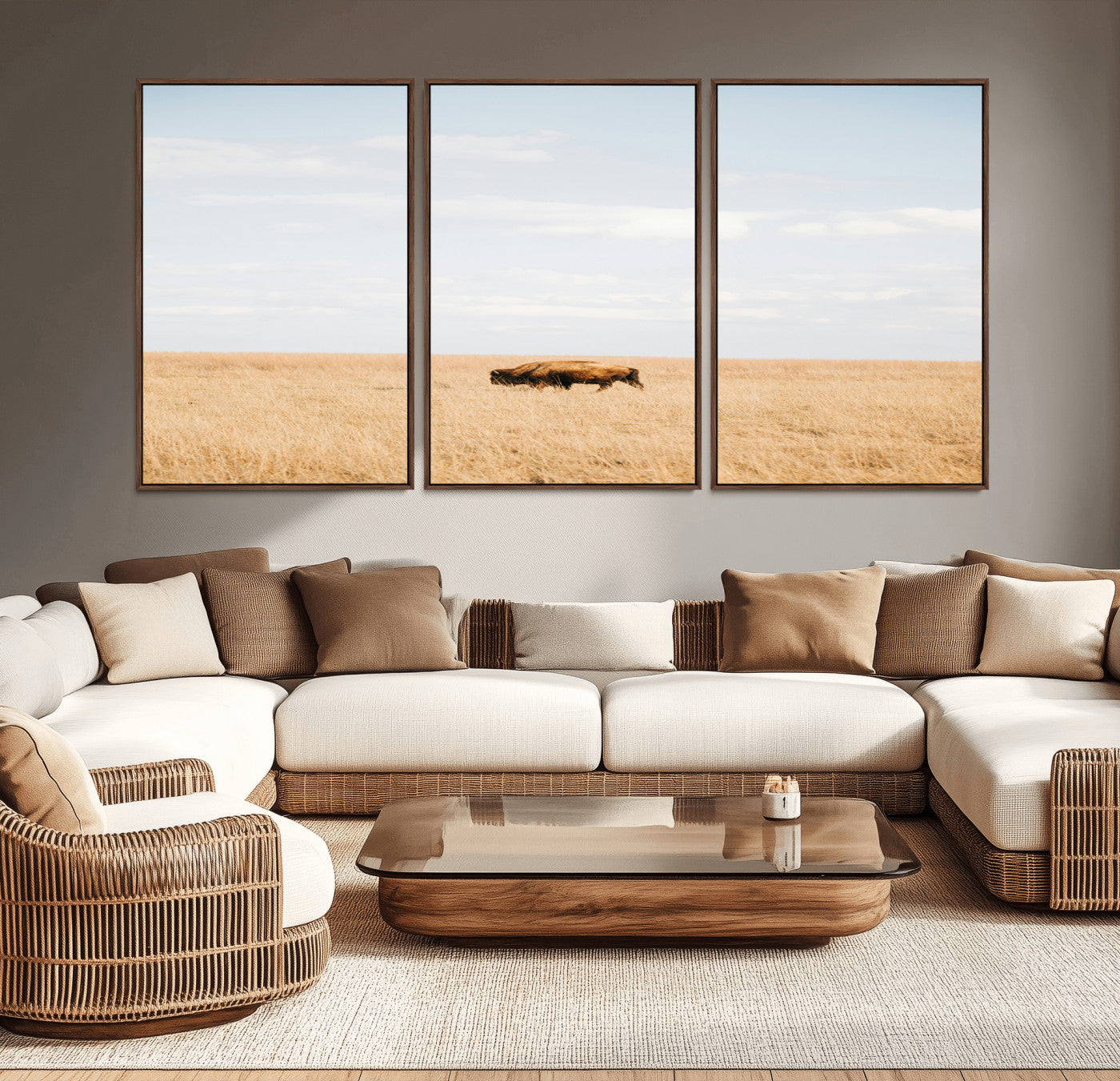 MGV-FC-60X30-3P - Minimalist Nature Wall Art Canvas Print, Framed Bison In Grassland Art Picture Print, Open Field Perfect Modern Ranch Decor Decor Artwork