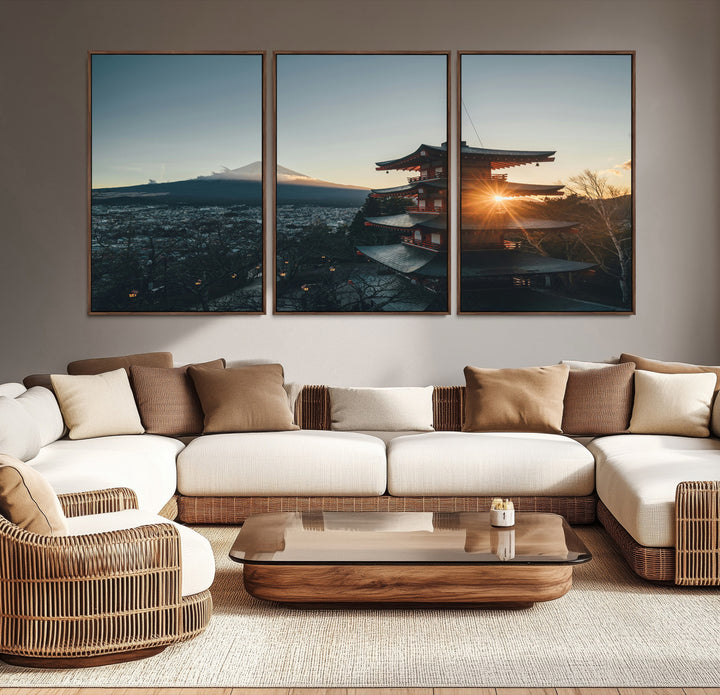 Chureito Pagoda at sunset with Mount Fuji in the background, city lights below, and golden sun rays, ideal for Japanese-inspired wall art.