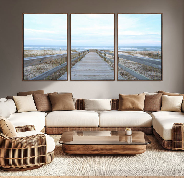 Beach Boardwalk Wall Art Canvas Print, Framed Coastal Serenity Art Picture Print, Ocean View Perfect Coastal Decor Artwork