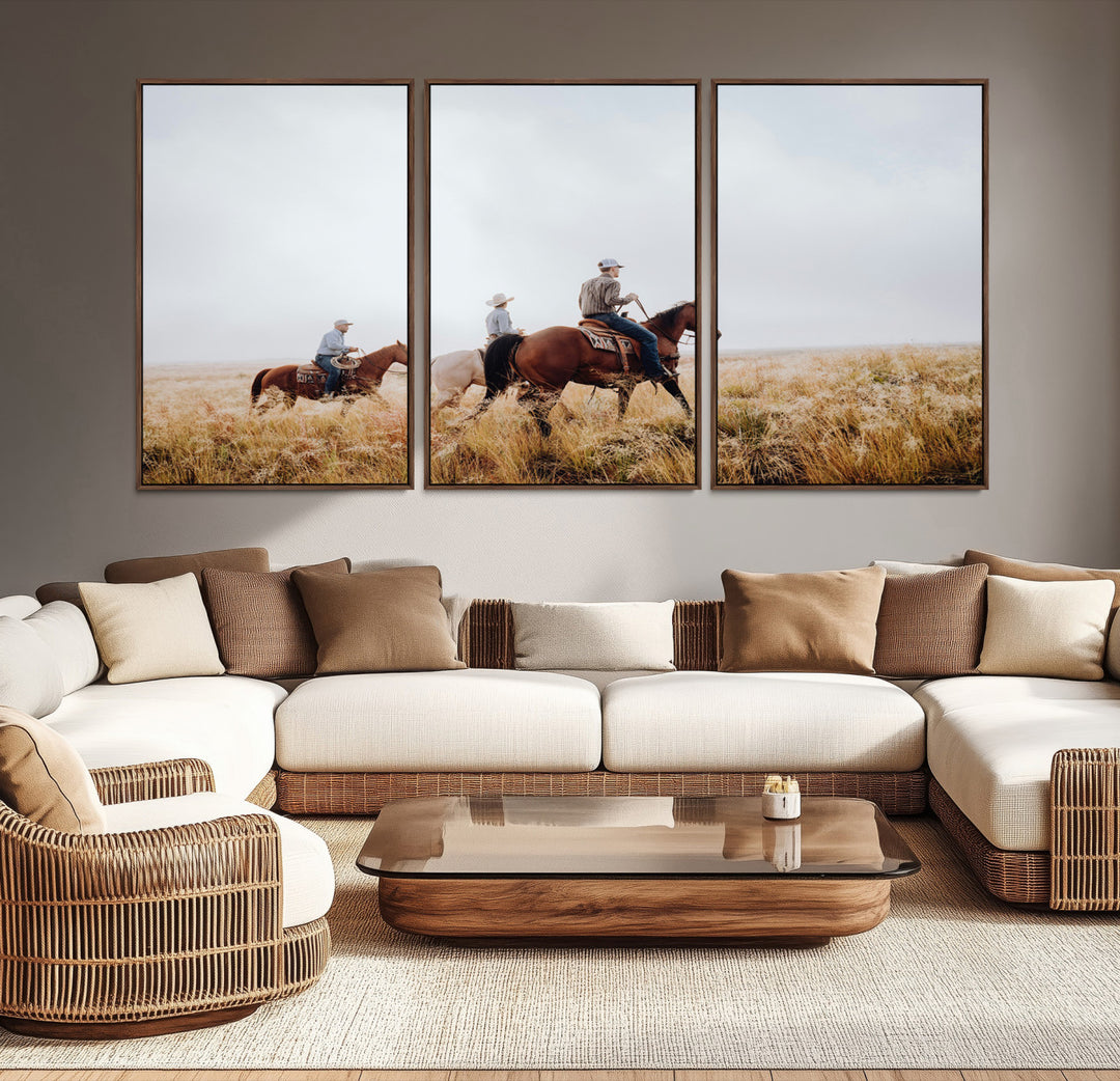 Three cowboys riding horses through a foggy prairie landscape, dressed in Western attire, evoking a rustic and adventurous Wild West aesthetic.