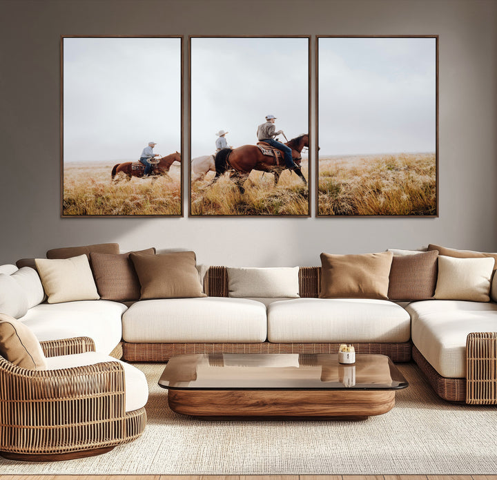Three cowboys riding horses through a foggy prairie landscape, dressed in Western attire, evoking a rustic and adventurous Wild West aesthetic.