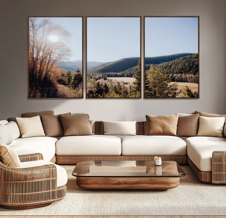 A scenic mountain valley with pine trees and autumn foliage under a clear sky, bathed in golden sunlight, creating a peaceful and rustic landscape.