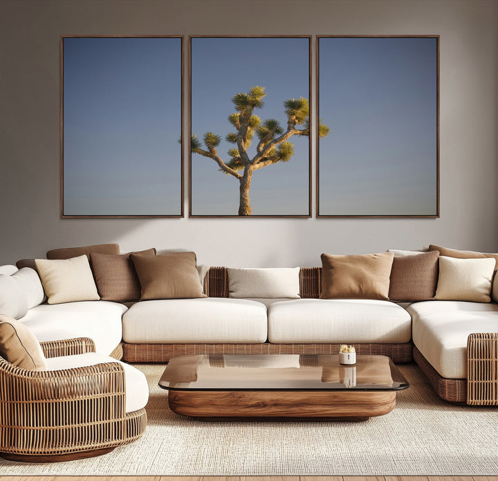 A lone Joshua Tree standing against a deep blue sky, capturing the serene and rugged beauty of the Southwestern desert landscape.