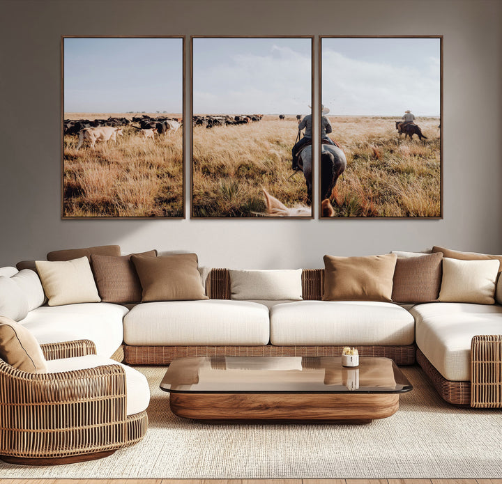 A cowboy and cowgirl on horseback herding cattle through golden grasslands, capturing a rustic and authentic Western ranch lifestyle.