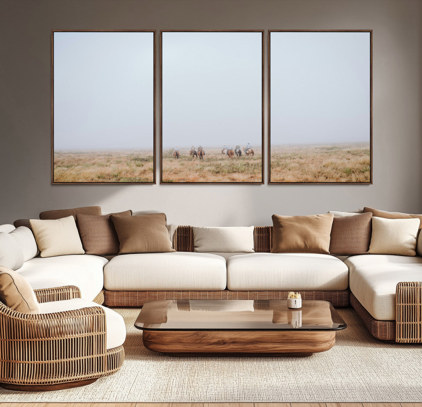 14761944-MGV-CV-36X24-Foggy Plains Wall Art Canvas Print – Framed Horseback Riders Rustic Western Landscape Scene Artwork for Home Office