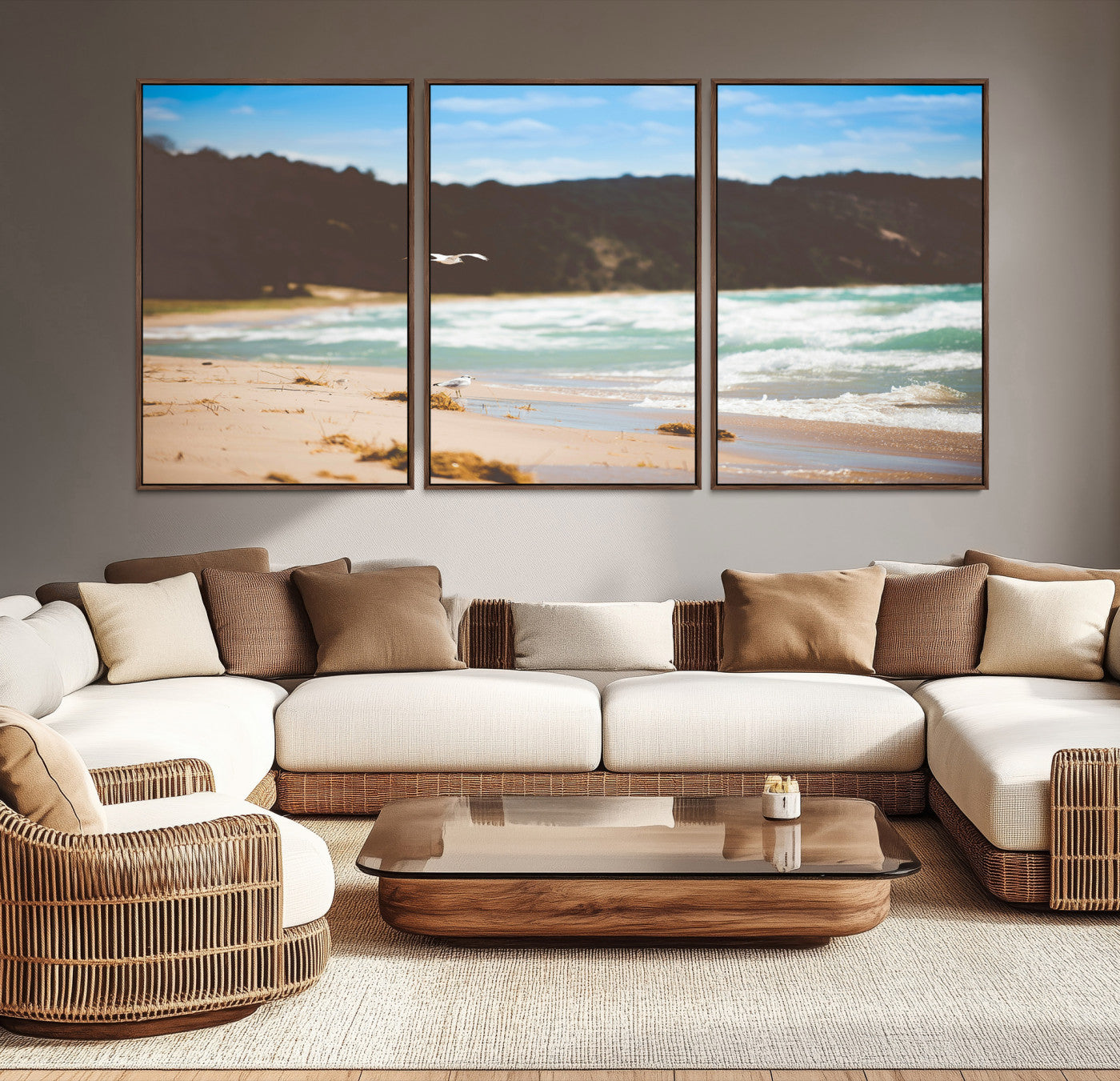 84260965-MGV-CV-36X24-Tranquil Beach Scene Wall Art Canvas Print – Framed Blue Ocean Waves Sandy Shore Coastal Nature Artwork for Home Office