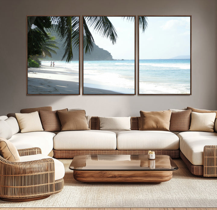 Tropical beach with palm tree shadows, white sand, and turquoise ocean waves, creating a serene and relaxing island escape atmosphere.