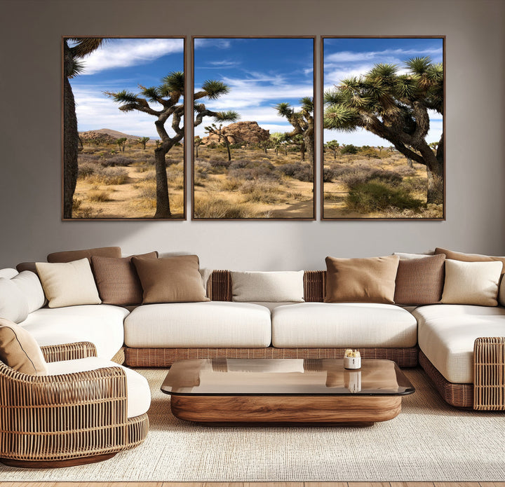 Scenic Joshua Tree landscape with rugged desert terrain, golden dry grass, and a deep blue sky, creating a warm, rustic Southwestern aesthetic.
