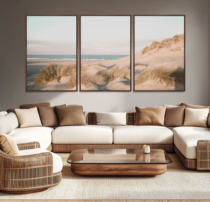 Soft pastel-toned beach scene with sand dunes, windswept grasses, and a calm ocean horizon, creating a serene coastal atmosphere.