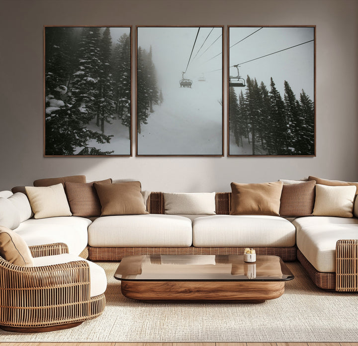 Ski Lift Wall Art Canvas Print, Framed Snowy Pines Art Picture Print, Misty Landscape Perfect Winter Serenity Decor Artwork