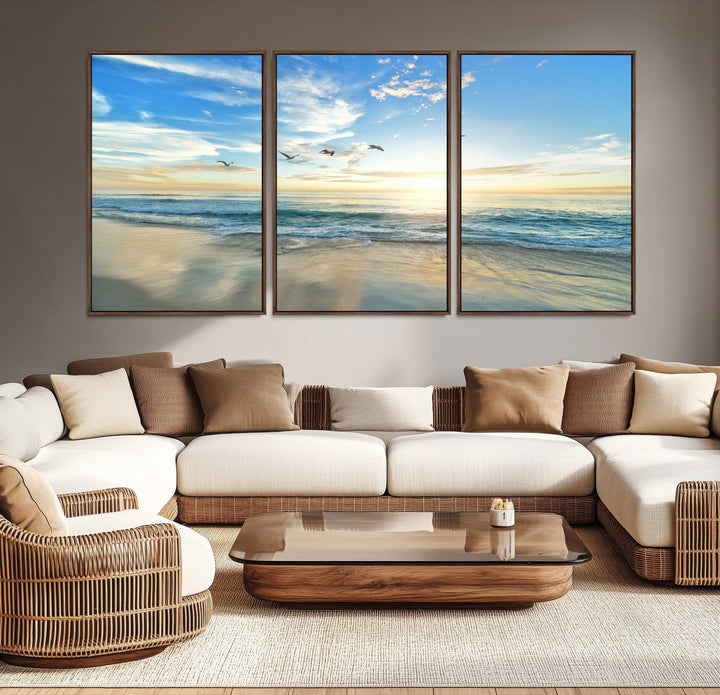 20708696-MGV-CV-36X24-Minimalist Seaside Morning Glow Art Canvas Print, Golden Reflections Perfect Coastal Minimalist Decor Artwork