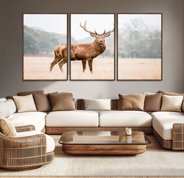 Vintage Wildlife Canvas Print, Framed Misty Landscape Art Picture Print, Deer Wall Art Perfect Rustic Wildlife Decor Artwork