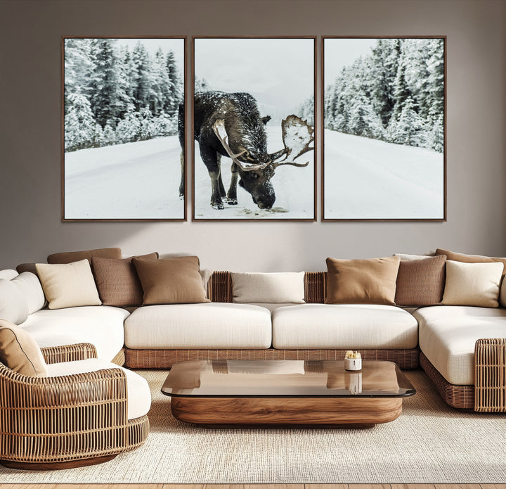 Moose in Snow Wall Art Canvas Print, Framed Winter Wildlife Art Picture Print, Snowy Forest Scene Perfect Rustic Lodge Decor Artwork