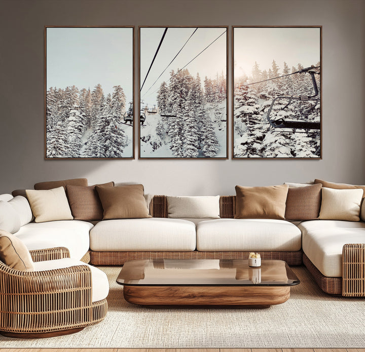 91534512-MGV-CV-36X24-Frosty Pines Wall Art Canvas Print, Framed Cozy Cabin View Art Picture Print, Ski Lift Ride Perfect Rustic Lodge Decor Artwork