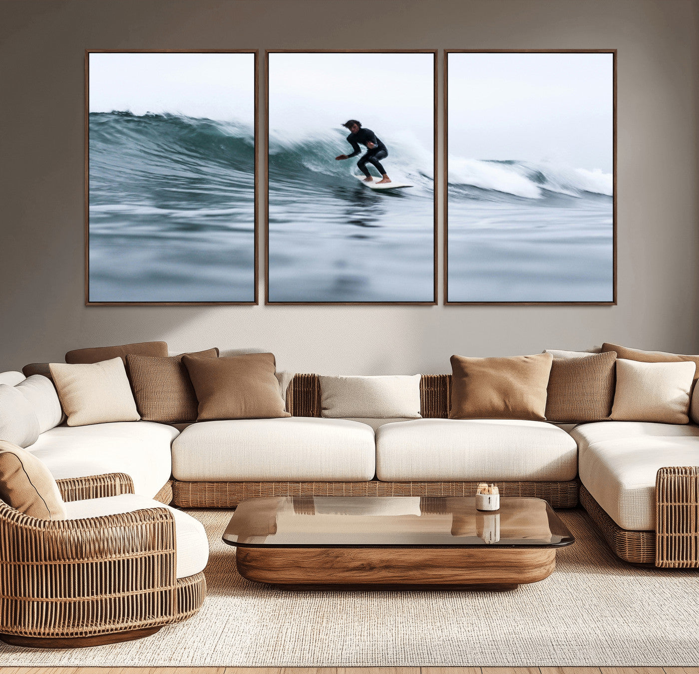 MGV-FC-60X30-3P - Surfer on Wave Wall Art Canvas Print, Framed Ocean Adventure Art Picture Print, Motion Blur Water Perfect Coastal Adventure Decor Artwork