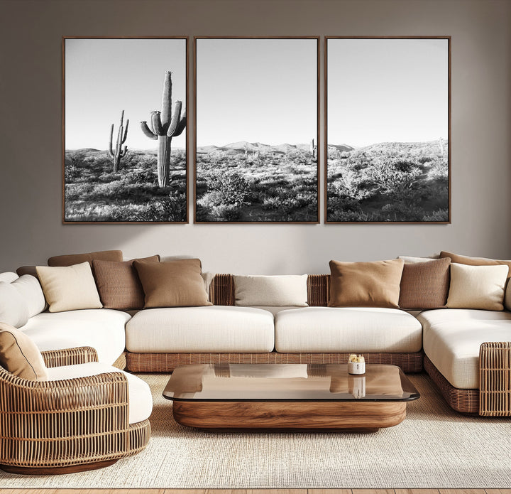 Saguaro Cactus Wall Art Canvas Print, Monochrome Landscape Print, Framed Scenic Arizona Art Print, Large Timeless Western Aesthetic Printing