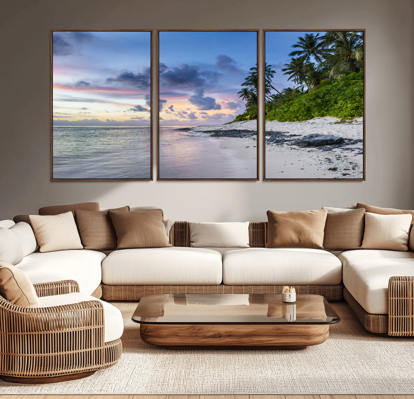 MGV-FC-60X30-3P - Tropical Beach Wall Art Canvas Print, Framed Sunset Glow Art Picture Print, Palm Tree Coast Perfect Tropical Coastal Decor Artwork