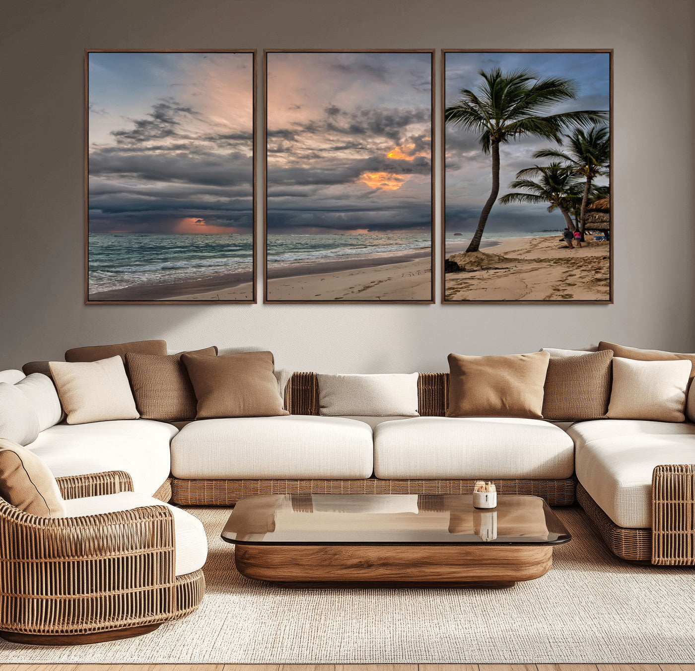 MGV-FC-60X30-3P - Tropical Storm Wall Art Canvas Print, Framed Moody Beach Art Picture Print, Dramatic Sky Perfect Tropical Coastal Decor Artwork