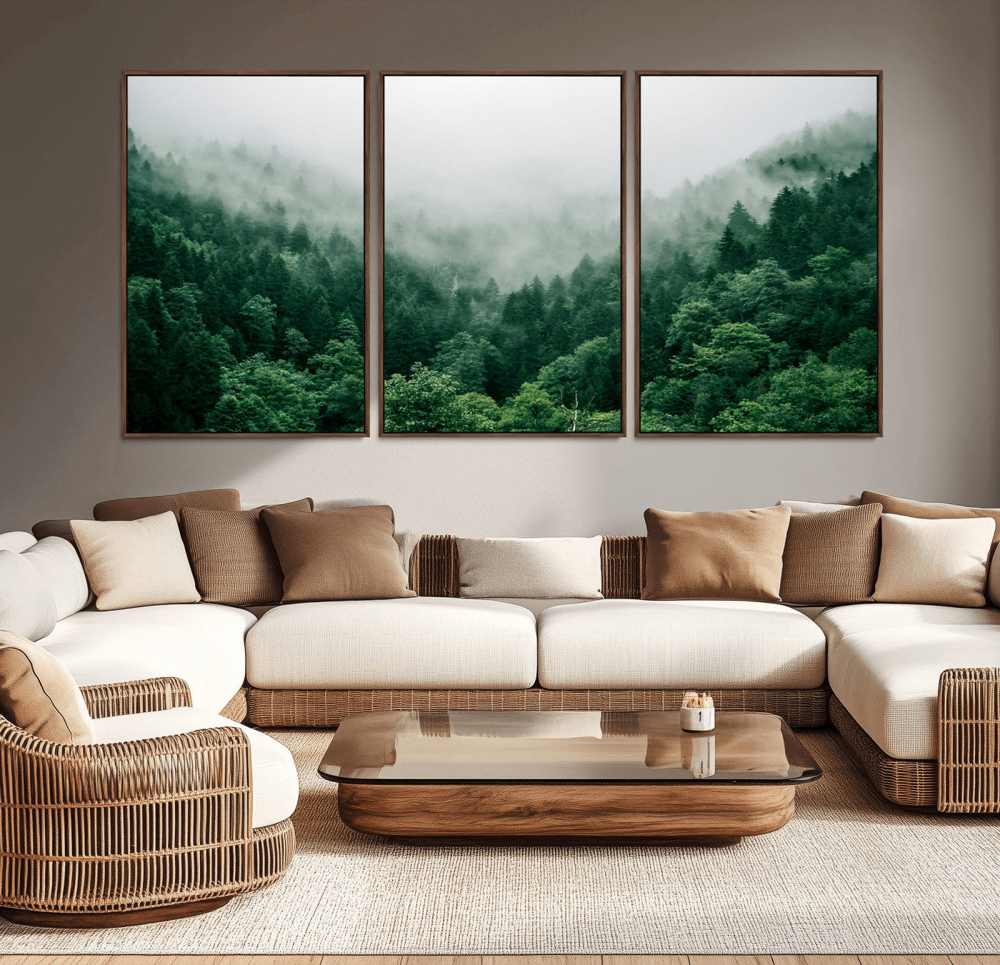 MGV-FC-60X30-3P - Misty Green Forest Canvas Print – Serene Foggy Pine Landscape Wall Art, Tranquil Nature Decor for