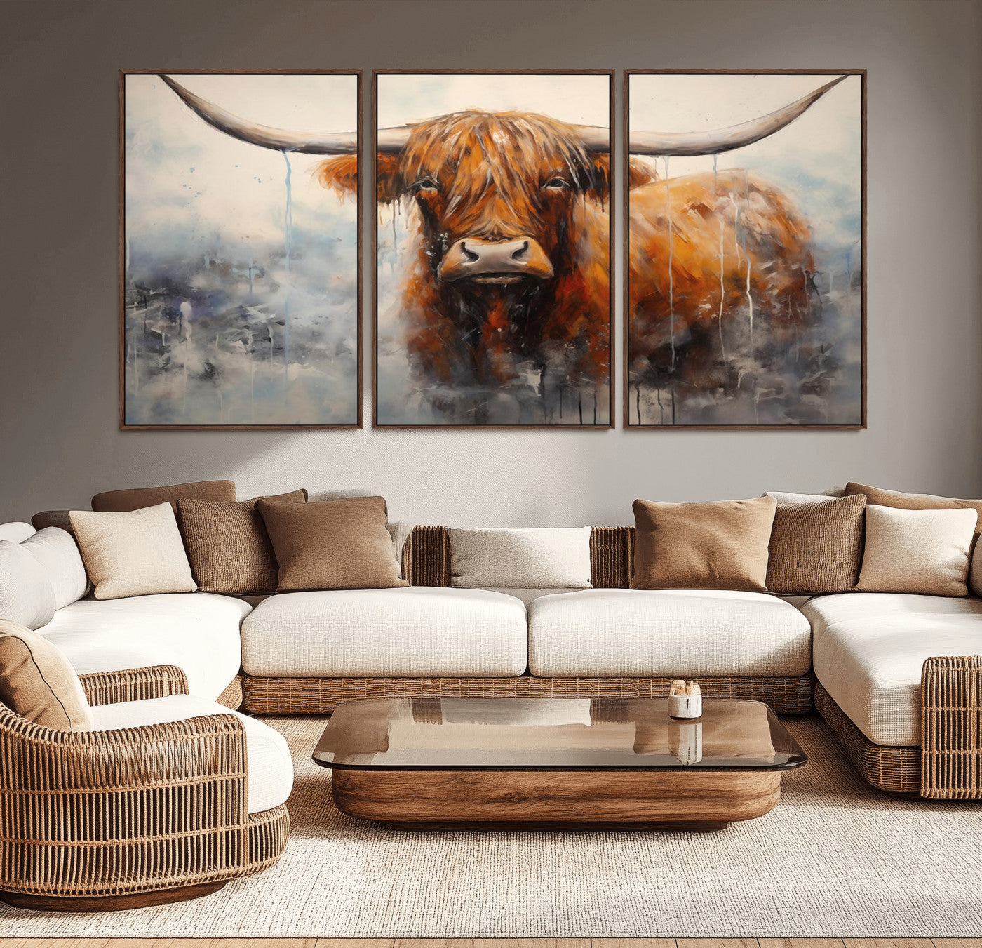 MGV-FC-60X30-3P - Scottish Highland Wall Art Canvas Print, Framed Longhorn Art Picture Print, Western Cow Perfect Farmhouse Decor Artwork