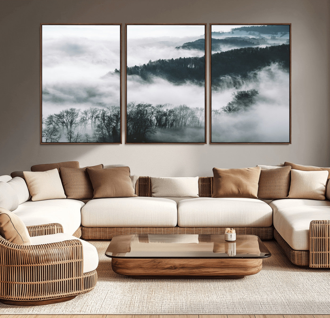 MGV-FC-60X30-3P - Foggy Forest Landscape Wall Art Canvas Print – Misty Mountain Valley Scene in Monochrome Tones,