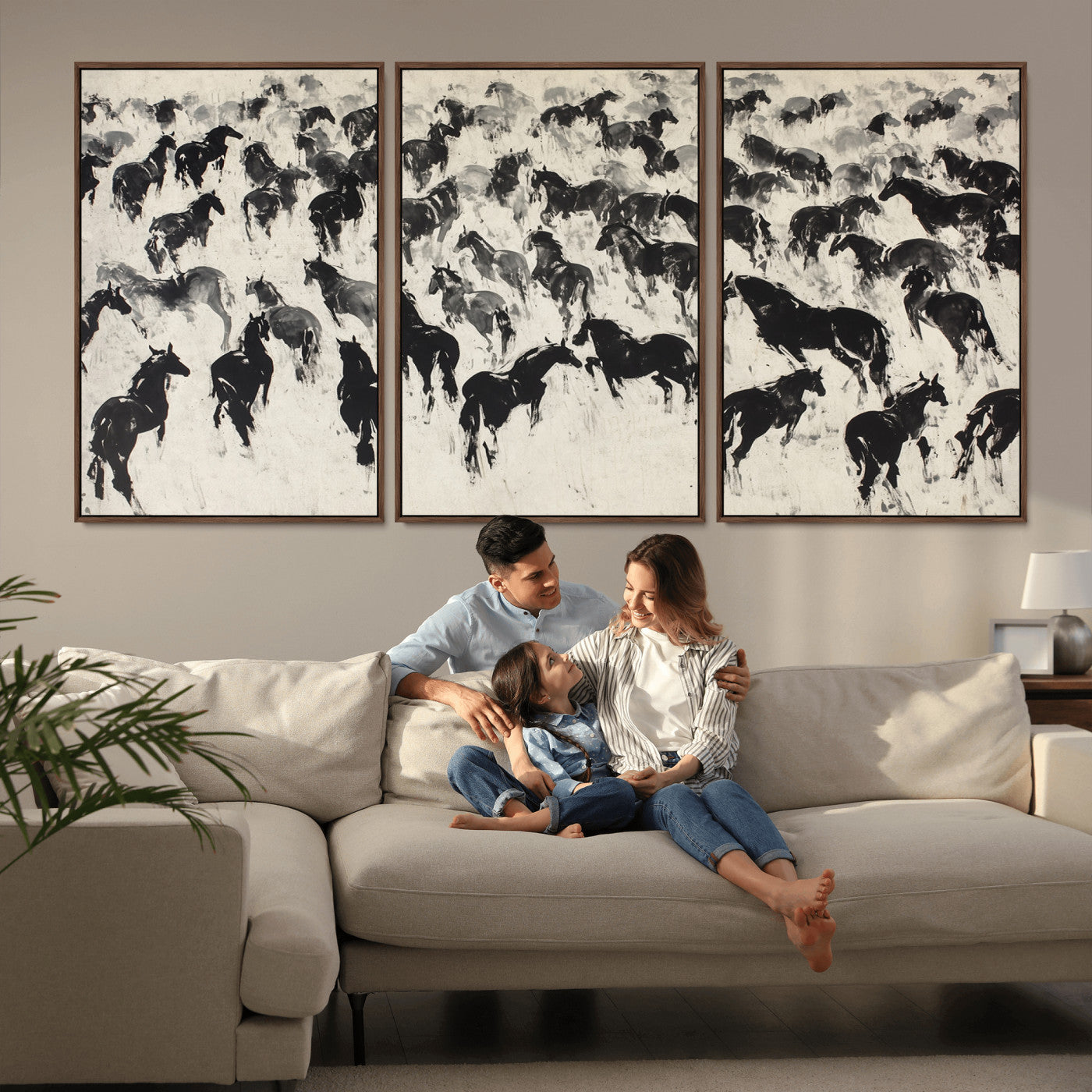 MGV-FC-60X30-3P - Wild Horse Stampede Wall Art Canvas Print – Monochrome Ink Brush Painting of Running Horses, Perfect