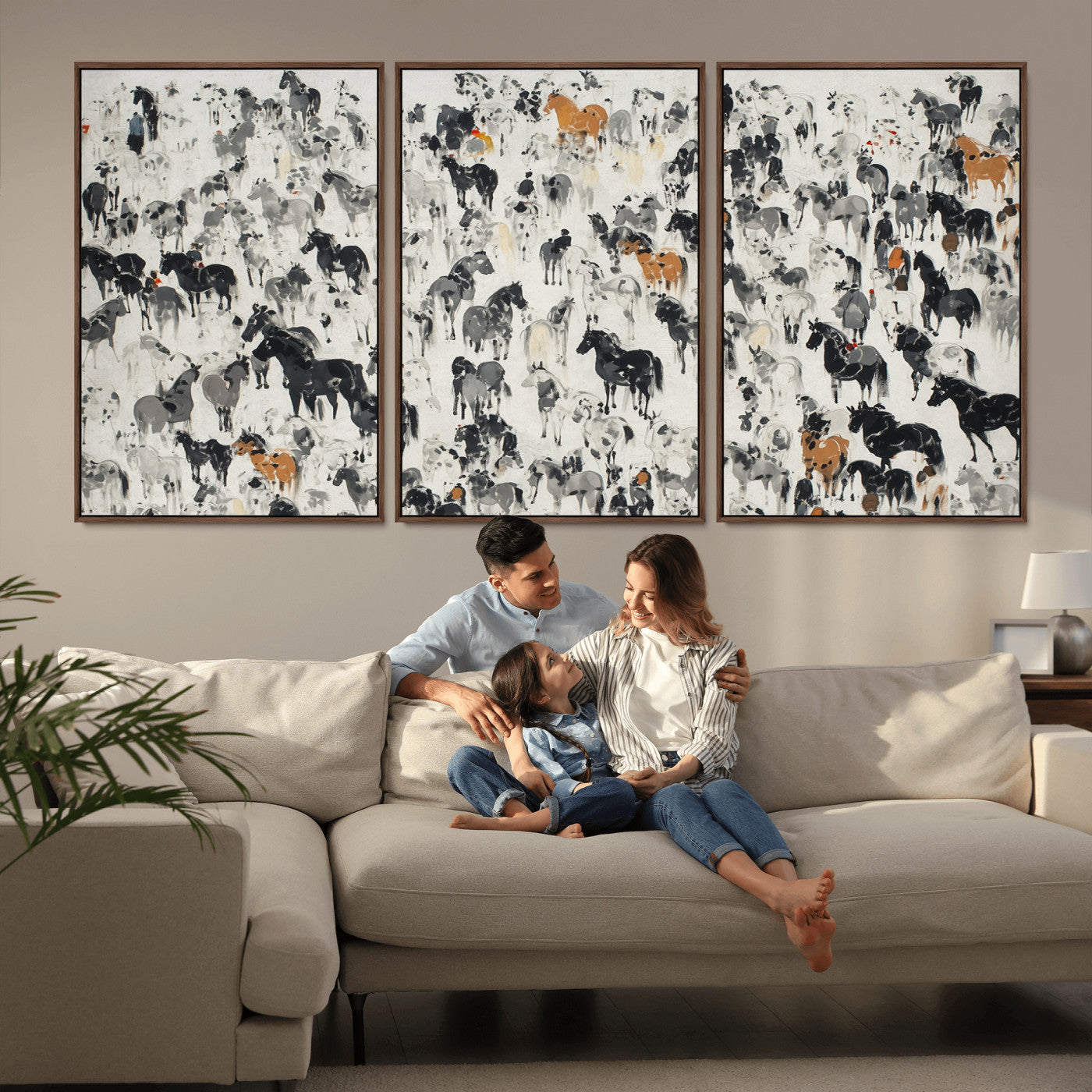 MGV-FC-60X30-3P - Wild Horse Stampede Wall Art Canvas Print – Monochrome Ink Brush Painting of Running Horses, Perfect