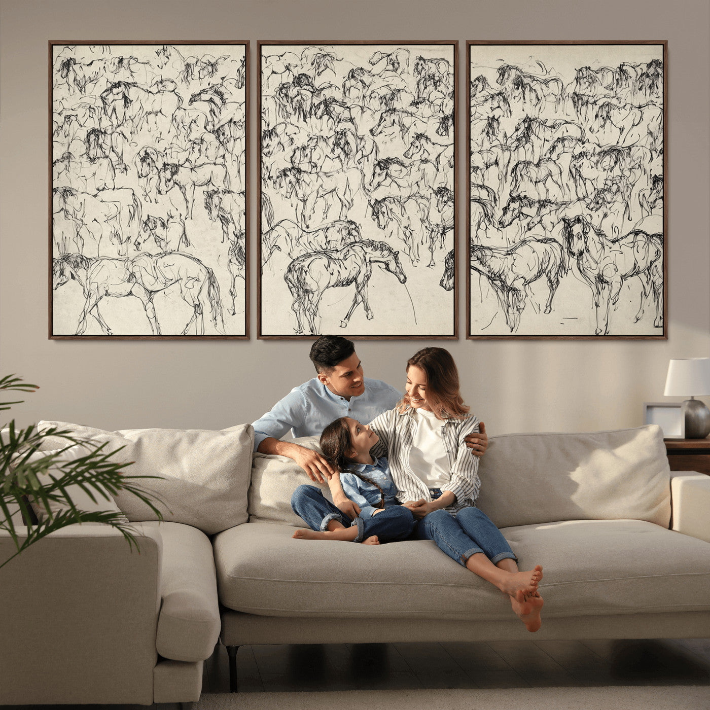 MGV-FC-60X30-3P - Wild Horse Stampede Wall Art Canvas Print – Monochrome Ink Brush Painting of Running Horses, Perfect