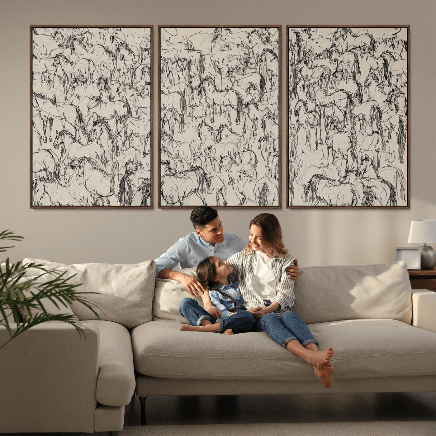 MGV-FC-60X30-3P - Wild Horse Stampede Wall Art Canvas Print – Monochrome Ink Brush Painting of Running Horses, Perfect