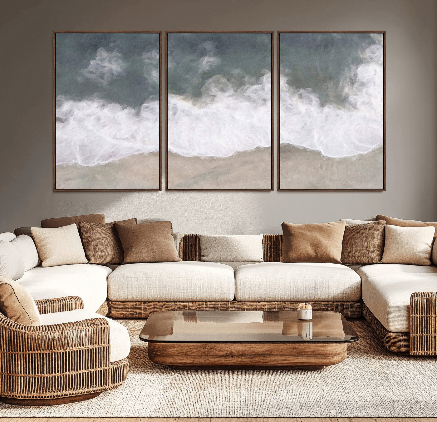 Wall art canvas print featuring foamy ocean waves softly rolling onto a sandy shore with a dreamy, painterly texture.